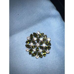 Vintage B DAVID Brooch Olive Green Rhinestones Pin Beautiful 1 1/2" Wide Signed